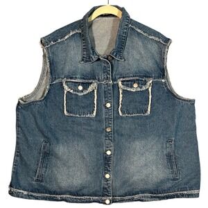 Agnes Orinda Denim Vest Blue Distressed Frayed Pockets Buttons  Western Size 3X